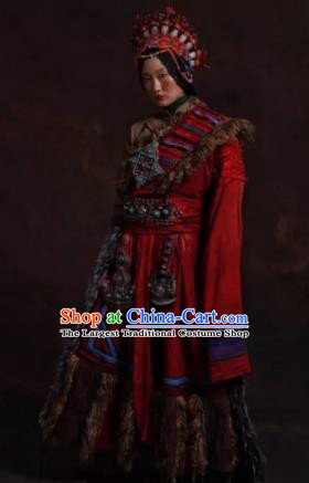 The Heavenly Road Chinese Zang Nationality Dance Red Tibetan Robe Stage Performance Dance Costume and Headpiece for Women