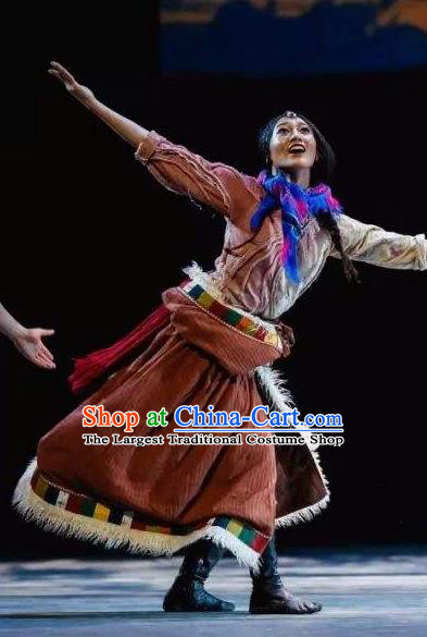 The Heavenly Road Chinese Zang Nationality Dance Tibetan Robe Stage Performance Dance Costume and Headpiece for Women