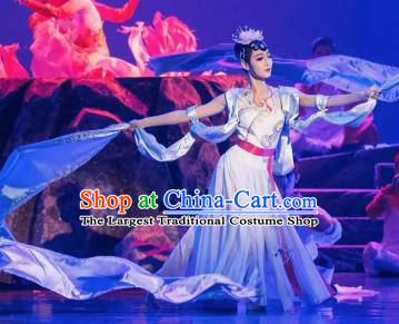 Goddess of the Moon Chinese Classical Dance Long Ribbon Dress Stage Performance Dance Costume and Headpiece for Women