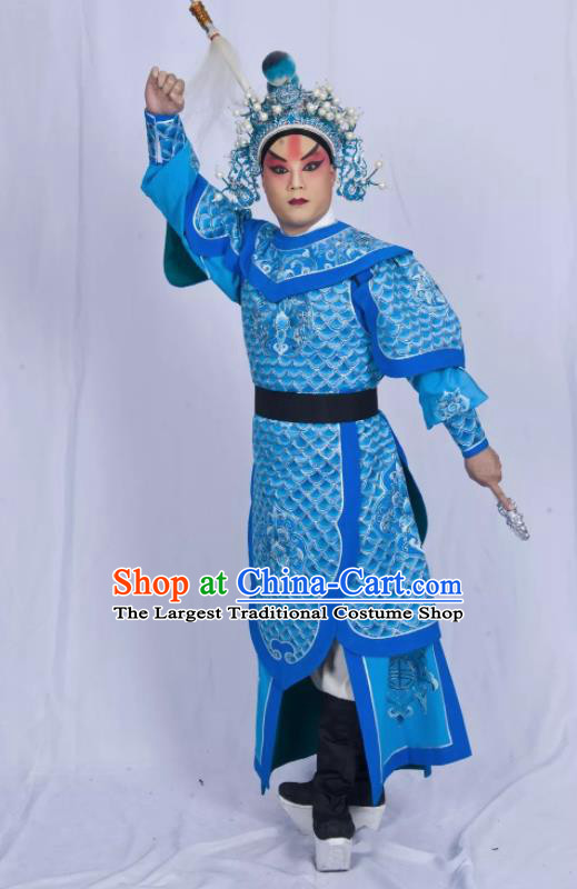 Mei Hua Zan Chinese Beijing Opera Takefu Blue Armor Clothing Stage Performance Dance Costume and Headpiece for Men