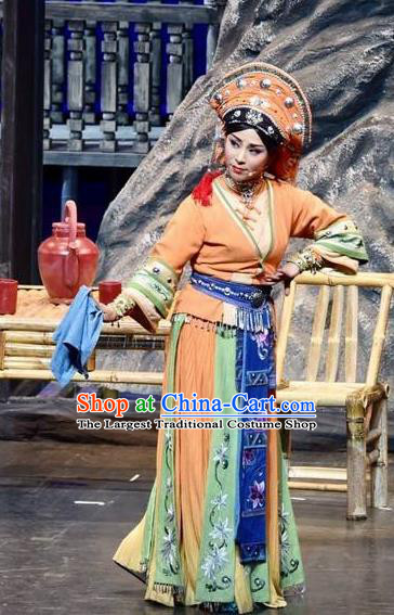 Drama Qian Yun Cliff Chinese Zhuang Nationality Orange Dress Stage Performance Dance Costume and Headpiece for Women