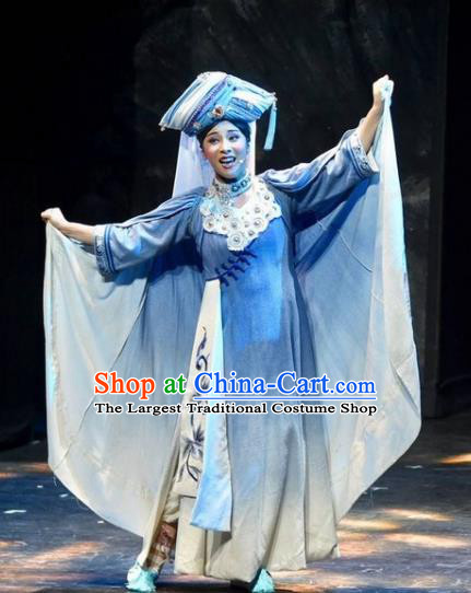 Drama Qian Yun Cliff Chinese Zhuang Nationality Blue Dress Stage Performance Dance Costume and Headpiece for Women