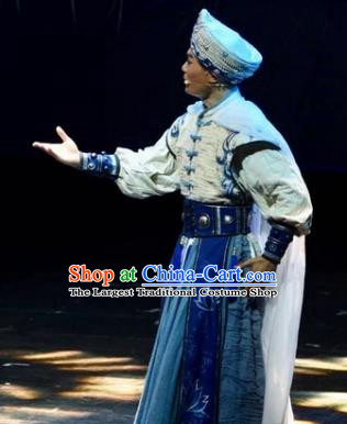 Drama Qian Yun Cliff Chinese Zhuang Nationality Bridegroom Clothing Stage Performance Dance Costume and Headpiece for Men
