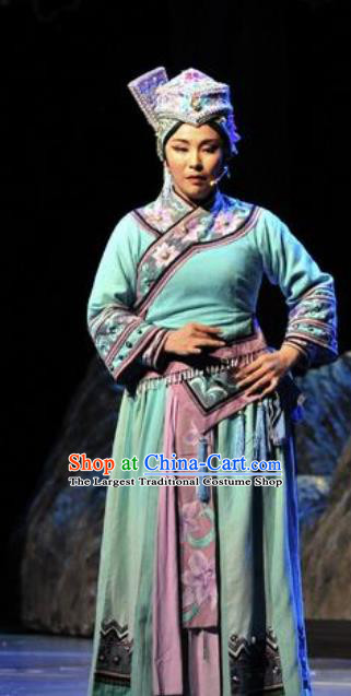 Drama Qian Yun Cliff Chinese Zhuang Nationality Blue Dress Stage Performance Dance Costume and Headpiece for Women
