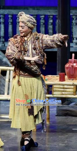 Drama Qian Yun Cliff Chinese Zhuang Nationality Youth Ginger Clothing Stage Performance Dance Costume and Headpiece for Men