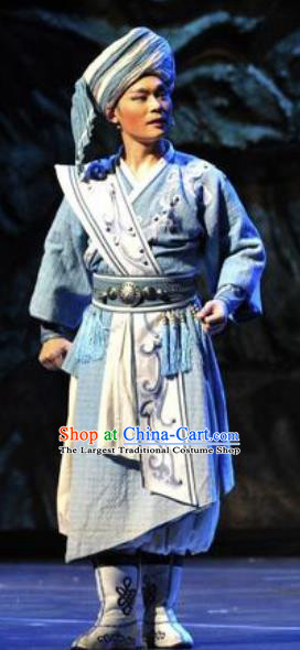 Drama Qian Yun Cliff Chinese Zhuang Nationality Bridegroom Clothing Stage Performance Dance Costume and Headpiece for Men