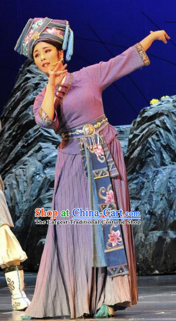 Drama Qian Yun Cliff Chinese Zhuang Nationality Dance Purple Dress Stage Performance Costume and Headpiece for Women