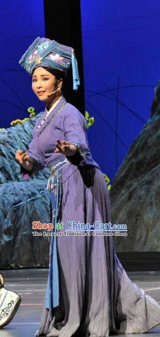 Drama Qian Yun Cliff Chinese Zhuang Nationality Dance Purple Dress Stage Performance Costume and Headpiece for Women