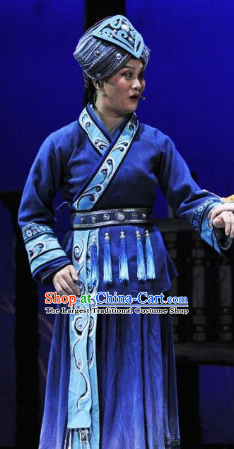 Drama Qian Yun Cliff Chinese Zhuang Nationality Old Female Blue Dress Stage Performance Costume and Headpiece for Women