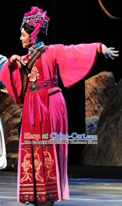 Drama Qian Yun Cliff Chinese Zhuang Nationality Rosy Dress Stage Performance Dance Costume and Headpiece for Women