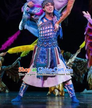 Hundred Bird Dress Chinese Zhuang Ethnic Youth Dance Clothing Stage Performance Dance Costume and Headpiece for Men