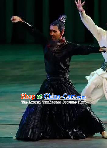 Drama Chinese Orphan Chinese Ancient Swordsman Black Clothing Stage Performance Dance Costume and Headpiece for Men