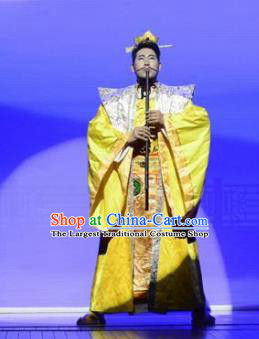 Ganzhou Musical Dance Chinese Ancient Emperor Golden Clothing Stage Performance Dance Costume and Headpiece for Men