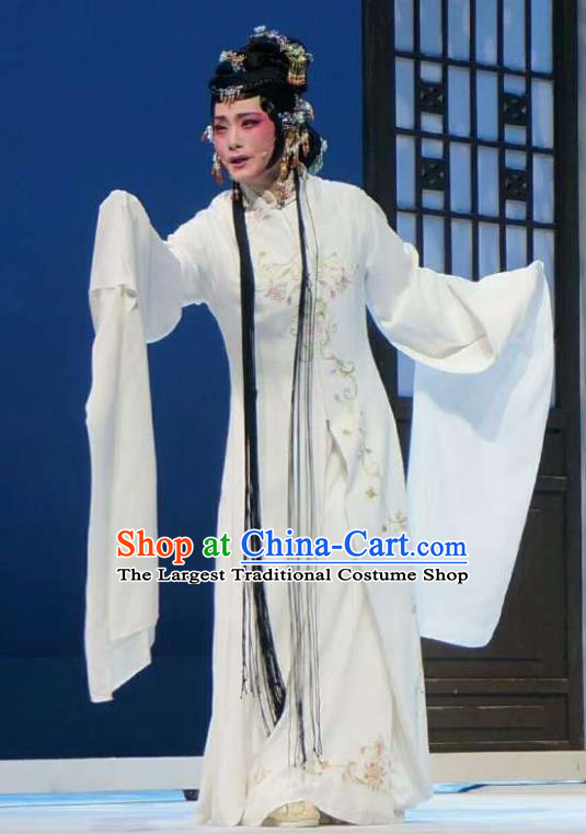 Xiang Luo Ji Chinese Shaoxing Opera White Dress Stage Performance Dance Costume and Headpiece for Women