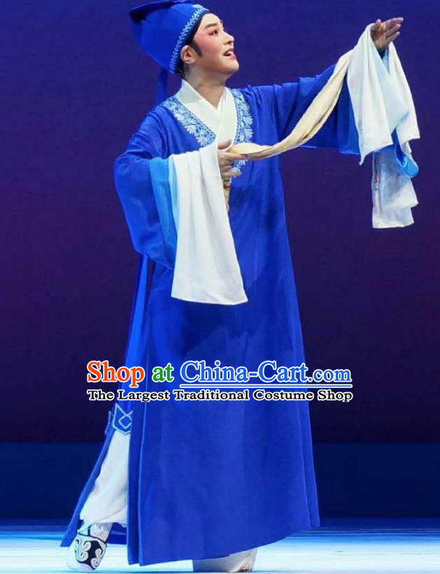 Xiang Luo Ji Chinese Shaoxing Opera Scholar Blue Clothing Stage Performance Dance Costume and Headpiece for Men