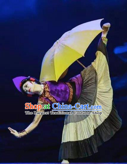 Da Liang Mountains Echo Chinese Yi Nationality Dance Purple Dress Stage Performance Costume and Headpiece for Women