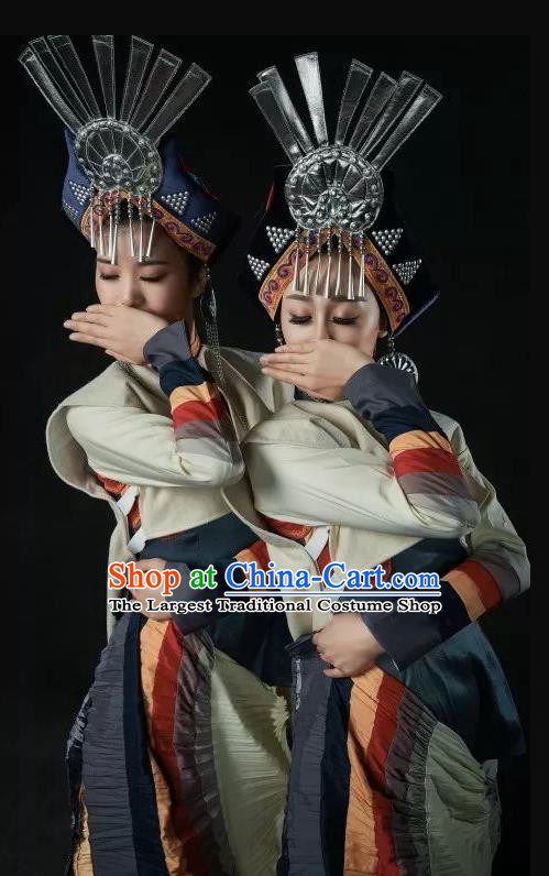 Da Liang Mountains Echo Chinese Yi Nationality Folk Dance Dress Stage Performance Costume and Headpiece for Women