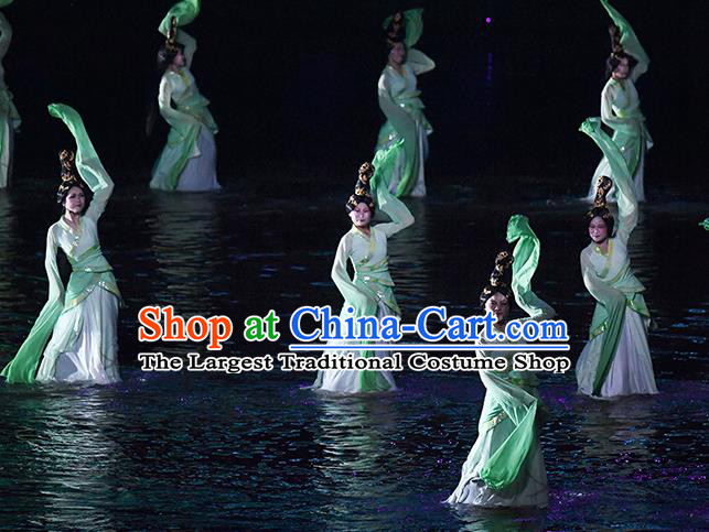 Return To the Three Gorges Chinese Classical Dance Water Sleeve Dress Stage Performance Costume and Headpiece for Women