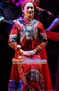 Buyi Ba Yin Chinese Bouyei Nationality Wedding Red Dress Stage Performance Dance Costume and Headpiece for Women