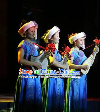 Buyi Ba Yin Chinese Bouyei Nationality Folk Dance Blue Dress Stage Performance Dance Costume and Headpiece for Women