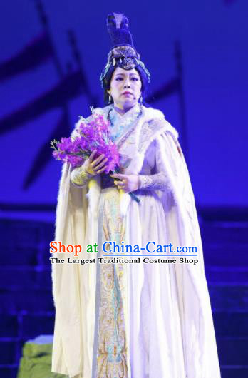Cai Wenji Chinese Opera Ancient Imperial Consort White Dress Stage Performance Dance Costume and Headpiece for Women