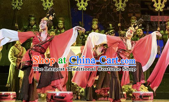Cai Wenji Chinese Opera Classical Dance Red Dress Stage Performance Dance Costume and Headpiece for Women