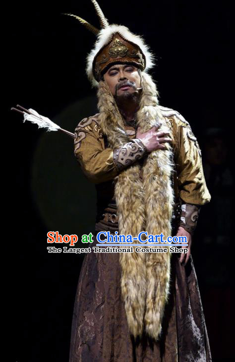 Cai Wenji Chinese Opera Ancient Han Dynasty Huns King Clothing Stage Performance Dance Costume and Headpiece for Men