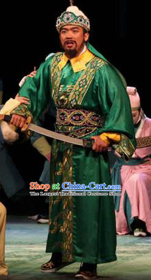 Cai Wenji Chinese Opera Ancient Huns King Green Clothing Stage Performance Dance Costume and Headpiece for Men