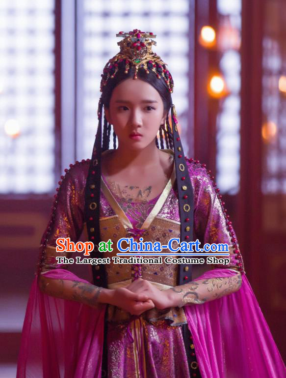 Chinese Drama Young Blood Ancient Royal Princess Pei Jing Purple Costumes and Headpiece for Women