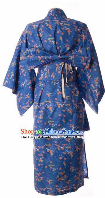 Traditional Japanese Printing Cherry Blossom Blue Kimono Asian Japan Yukata Dress for Women