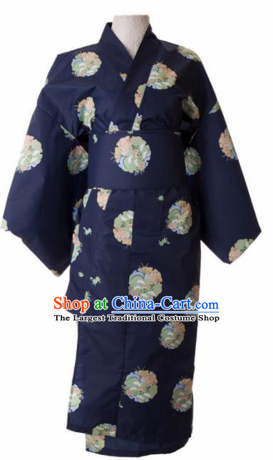 Traditional Japanese Printing Orchid Navy Kimono Asian Japan Yukata Dress for Women