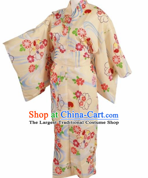 Traditional Japanese Printing Yellow Kimono Asian Japan Blue Dress for Women