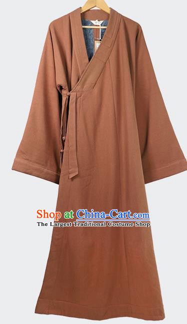Traditional Chinese Monk Costume Winter Caramel Woolen Long Gown for Men