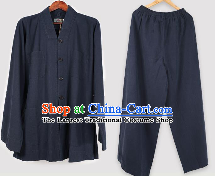 Traditional Chinese Monk Costume Meditation Navy Shirt and Pants for Men