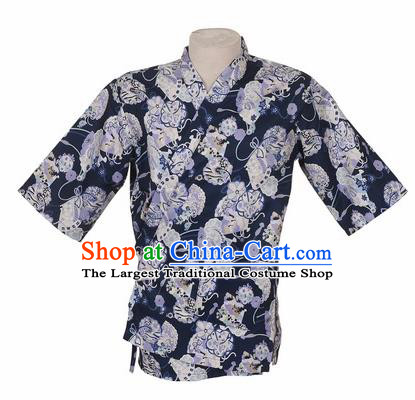 Traditional Japanese Printing Cherry Blossom Navy Blue Shirt Kimono Asian Japan Costume for Men