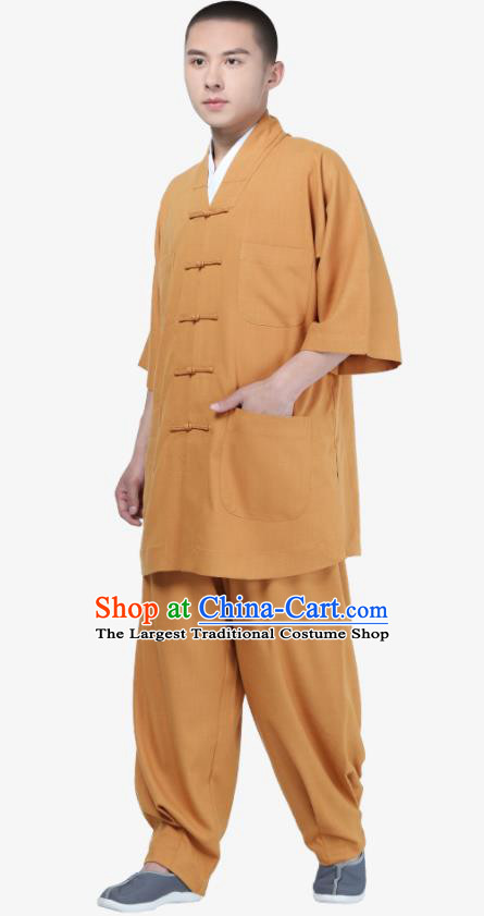 Traditional Chinese Monk Costume Meditation Khaki Shirt and Pants for Men