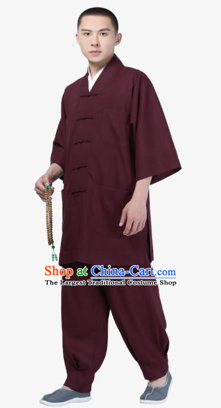 Traditional Chinese Monk Costume Meditation Purplish Red Shirt and Pants for Men