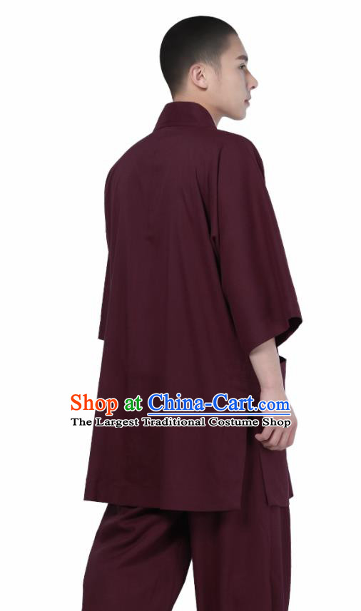 Traditional Chinese Monk Costume Meditation Purplish Red Shirt and Pants for Men