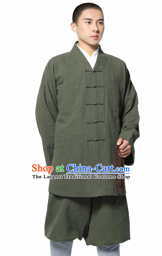 Traditional Chinese Monk Costume Meditation Olive Green Ramie Shirt and Pants for Men