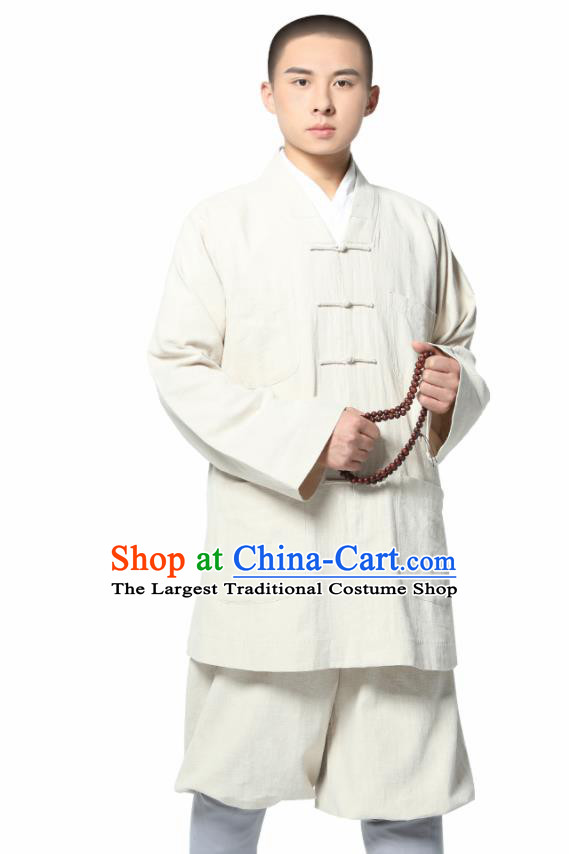 Traditional Chinese Monk Costume Meditation White Ramie Shirt and Pants for Men