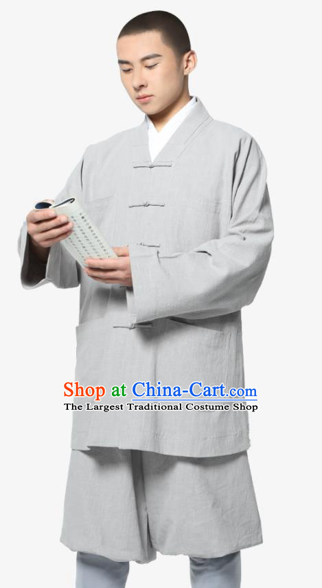 Traditional Chinese Monk Costume Meditation Grey Ramie Shirt and Pants for Men