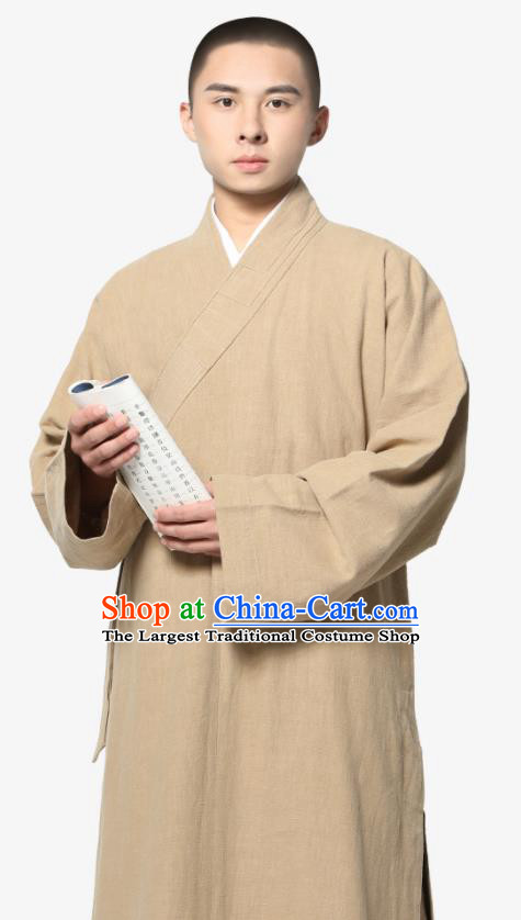 Traditional Chinese Monk Costume Khaki Ramie Long Gown for Men