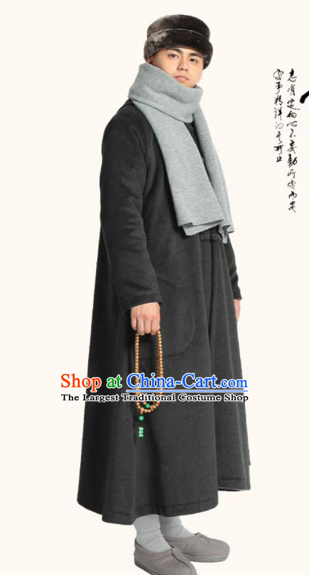Traditional Chinese Monk Costume Lay Buddhists Deep Grey Dust Coat for Men