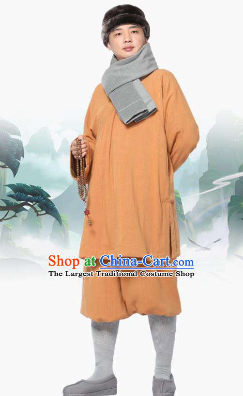 Traditional Chinese Monk Costume Meditation Yellow Flax Outfits Shirt and Pants for Men