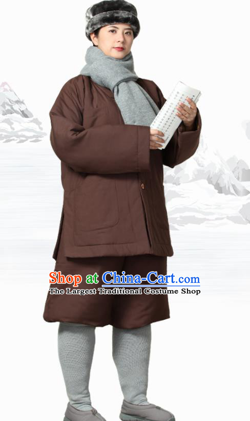 Traditional Chinese Monk Costume Meditation Outfits Brown Cotton Wadded Jacket Shirt and Pants for Men