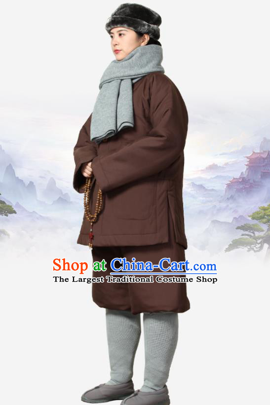 Traditional Chinese Monk Costume Meditation Outfits Brown Cotton Wadded Jacket Shirt and Pants for Men