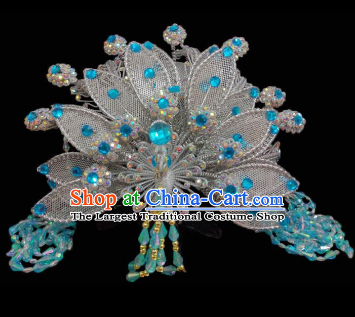 Chinese Traditional Beijing Opera Hair Accessories Peking Opera Diva Blue Beads Phoenix Coronet for Adults
