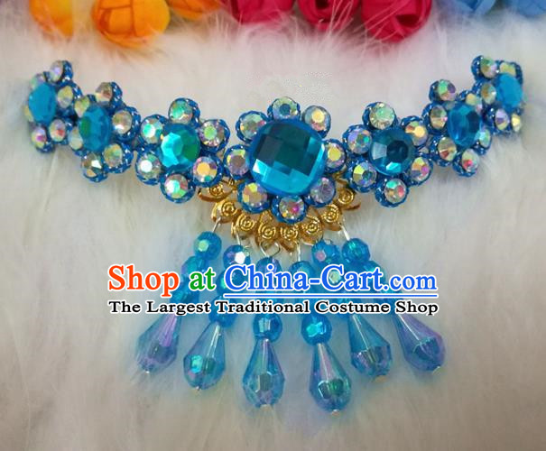 Chinese Traditional Beijing Opera Hair Accessories Peking Opera Diva Blue Crystal Frontlet Hairpins for Adults
