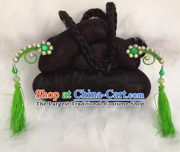 Chinese Traditional Beijing Opera Hair Accessories Peking Opera Green Tassel Hairpins for Adults