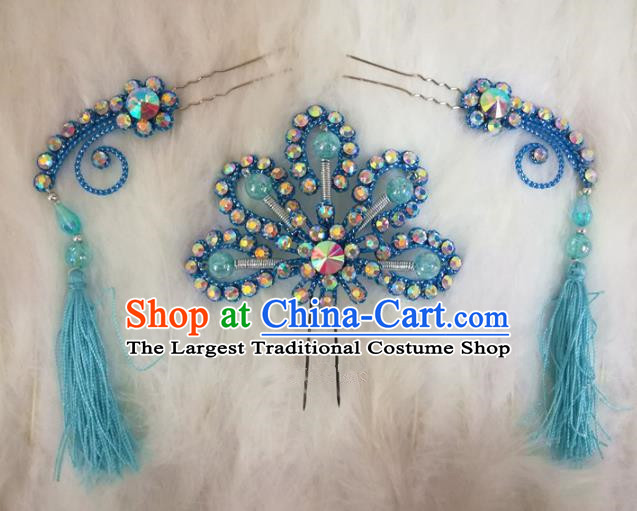Chinese Traditional Beijing Opera Hair Accessories Peking Opera Blue Flower Hairpins Tassel Step Shake for Adults